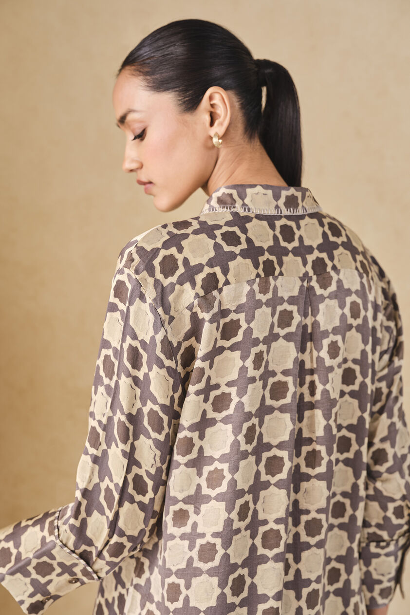 Halidrys Handcrafted Ajrakh Silk Top - Grey, Grey, image 5